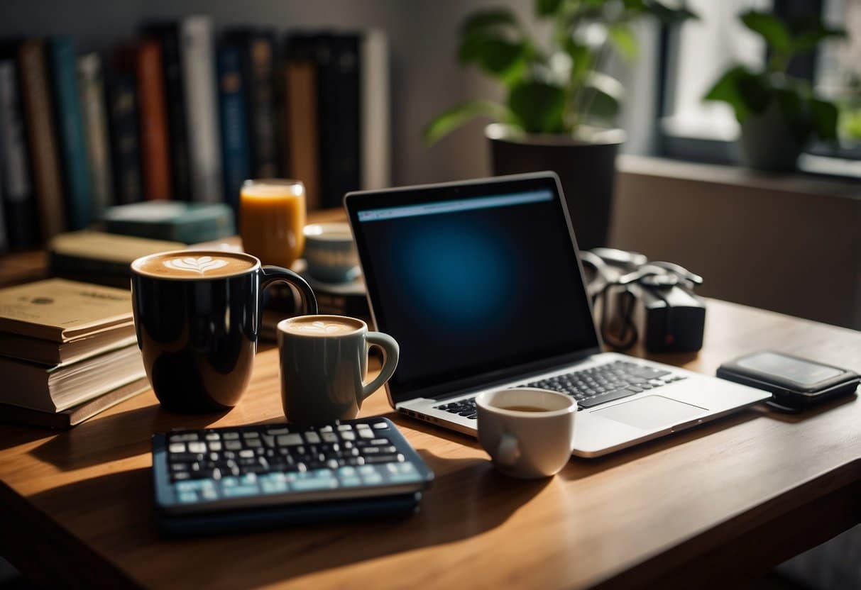 A table with a mug of coffee, tea, and a can of energy drink, surrounded by books and a laptop