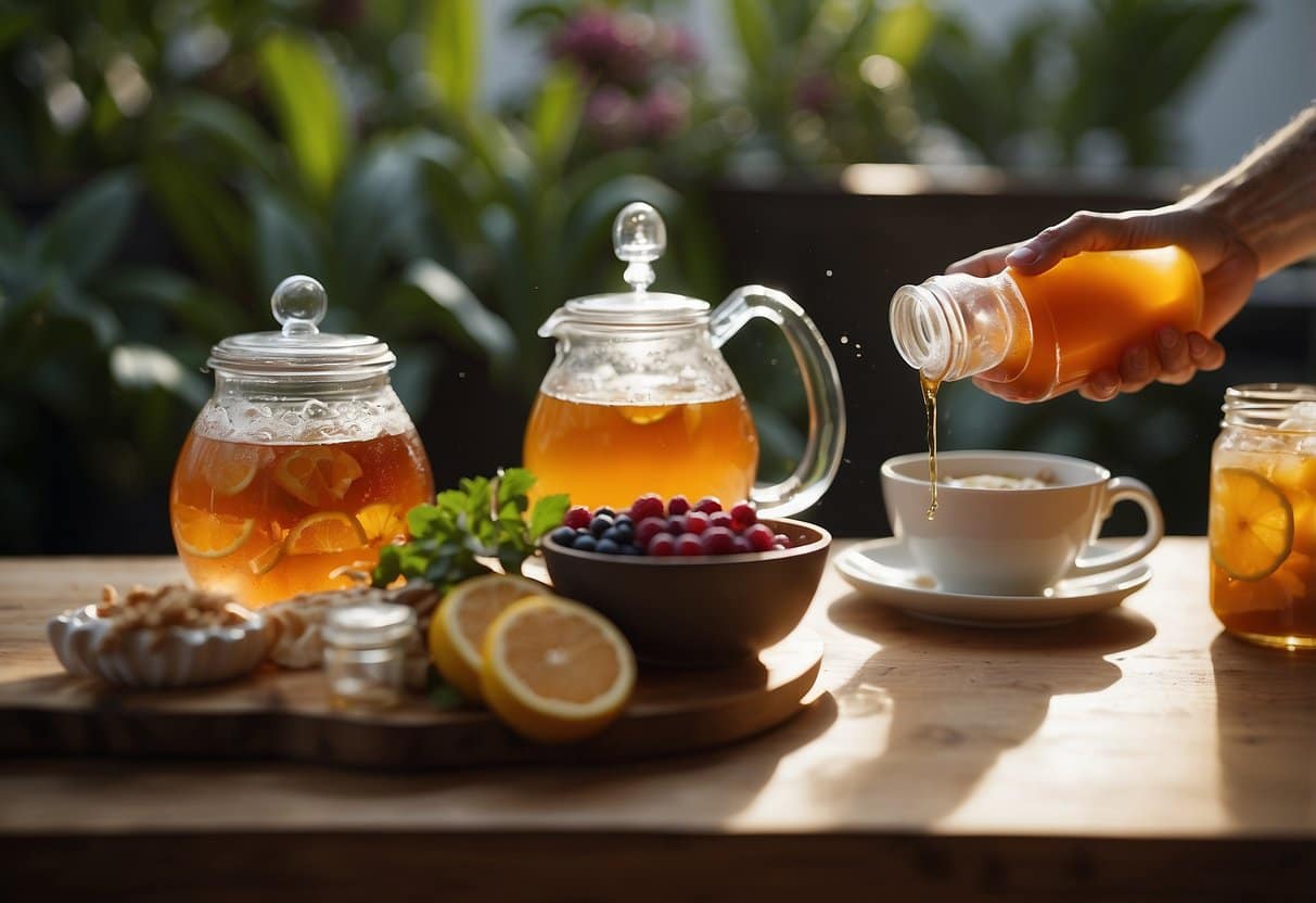 A table with a variety of non-caffeinated drinks: herbal tea, fruit-infused water, and decaf coffee. A person reaching for a bottle of kombucha