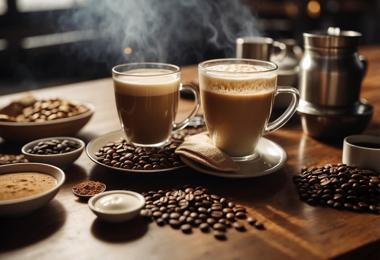 A table with various caffeine drinks: coffee, tea, energy drinks, and soda cans. A steaming mug and a frothy latte sit next to a pile of coffee beans