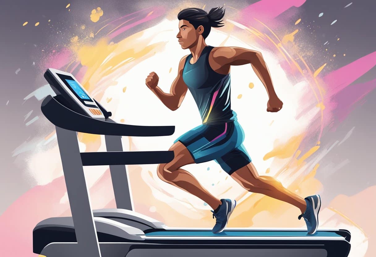 A person is running on a treadmill at a fast pace, with sweat dripping down their face. The background shows a stopwatch with the time ticking away, indicating the high-intensity nature of the workout