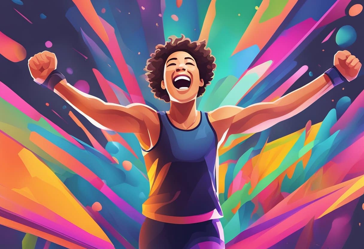 A person feeling energized and happy after completing a HIIT workout, surrounded by vibrant colors and a sense of accomplishment