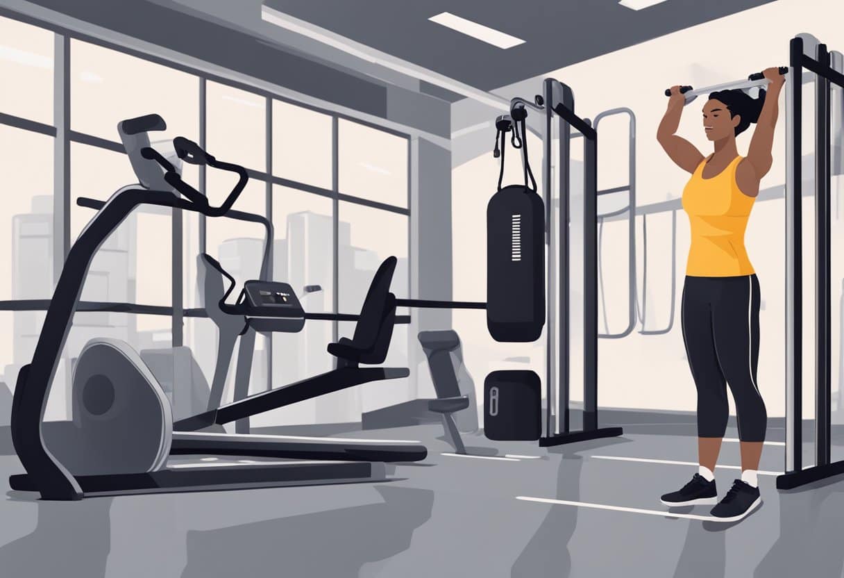 A person adjusting workout equipment for HIIT. Timer set, water bottle nearby. Sweat towel hanging on a rack. Gym environment