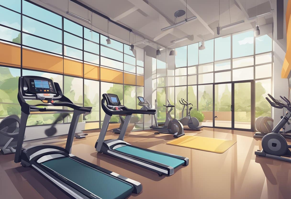 A gym setting with various workout equipment, such as treadmills, weights, and exercise bikes. The environment is bright and energetic, with motivational quotes and posters on the walls