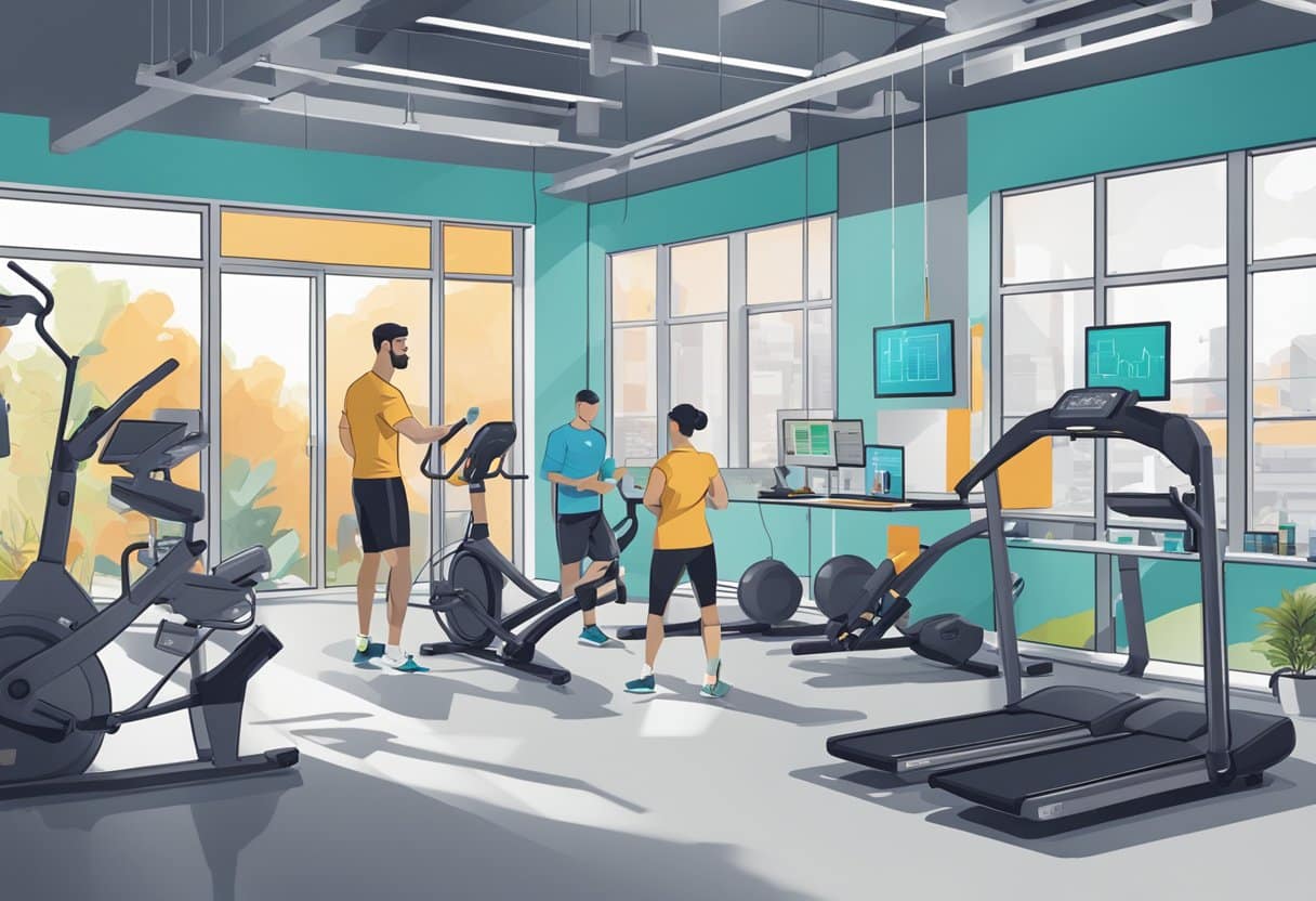 A lab setting with fitness equipment, charts, and researchers analyzing data on the benefits of HIIT