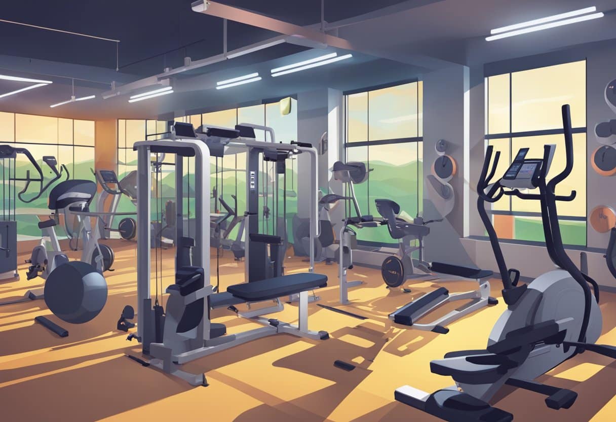 A gym setting with various equipment, timers, and people in motion, representing different types of HIIT workouts