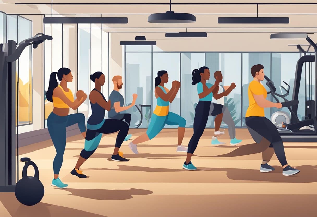 A group of people are engaged in various high-intensity interval training (HIIT) workouts, such as Tabata and EMOM, in a gym setting with equipment and timers