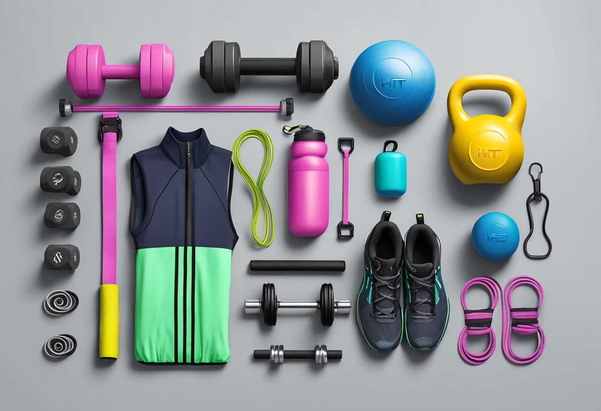 A variety of HIIT equipment arranged neatly, including dumbbells, kettlebells, resistance bands, jump ropes, and a timer