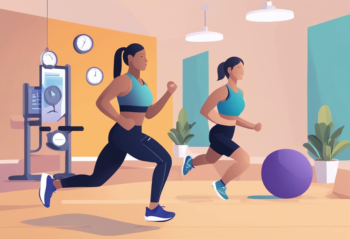 A person is doing a high-intensity interval training workout focused on cardiovascular health. The workout includes various types such as Tabata and EMOM