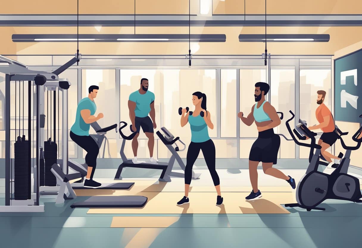 A group of people performing various high-intensity interval training exercises, including Tabata and EMOM, in a gym setting with equipment and motivational signage