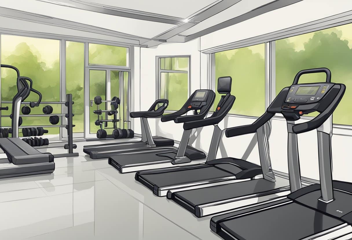 A high-intensity interval training (HIIT) scene with various equipment and open space for dynamic movements. Timer and workout stations show variety in exercises