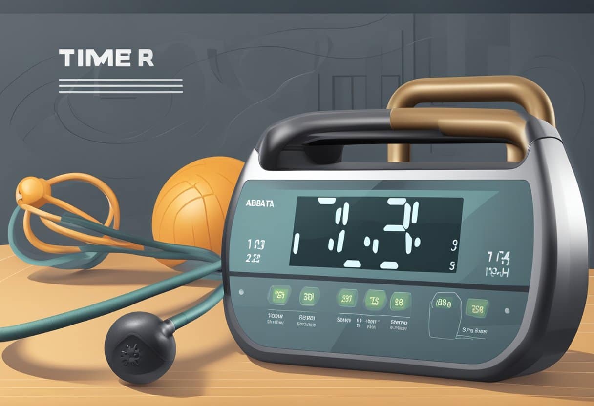 A timer displays intervals for various HIIT workouts, including Tabata and EMOM, with equipment such as kettlebells and jump ropes nearby