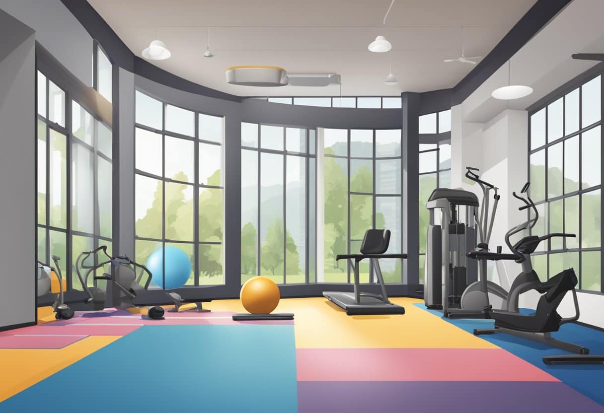 A clock with intervals marked, a timer counting down, and various exercise equipment arranged in a gym setting