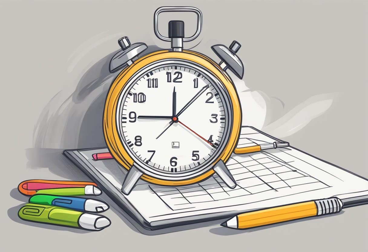 A clock with a timer set to one minute, a stopwatch, and a list of exercises on a clipboard