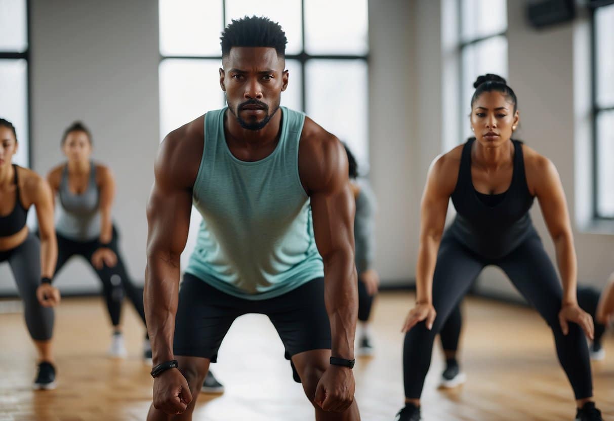 A group of people perform high-intensity exercises in a spacious, well-lit room. Sweat drips as they complete various movements in a Tabata workout