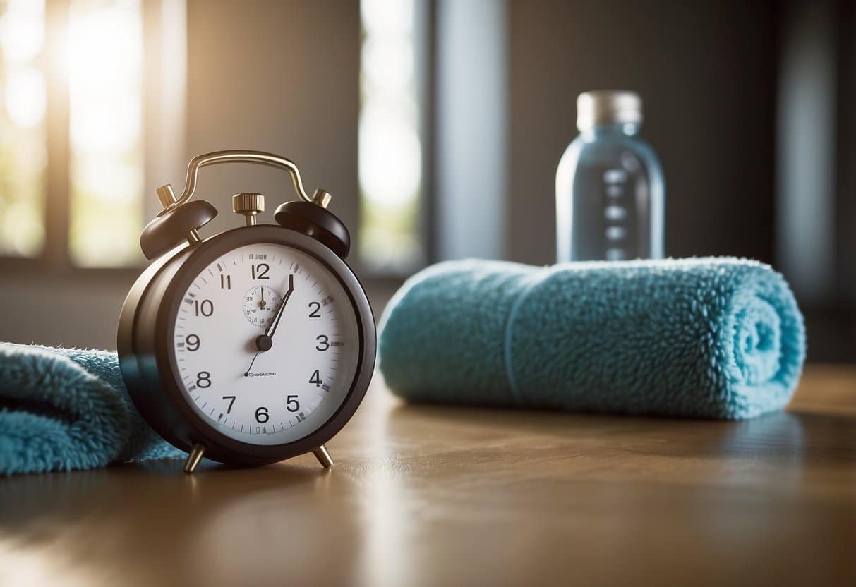 A timer set for 20 seconds of intense exercise, followed by 10 seconds of rest. Water bottle and towel nearby