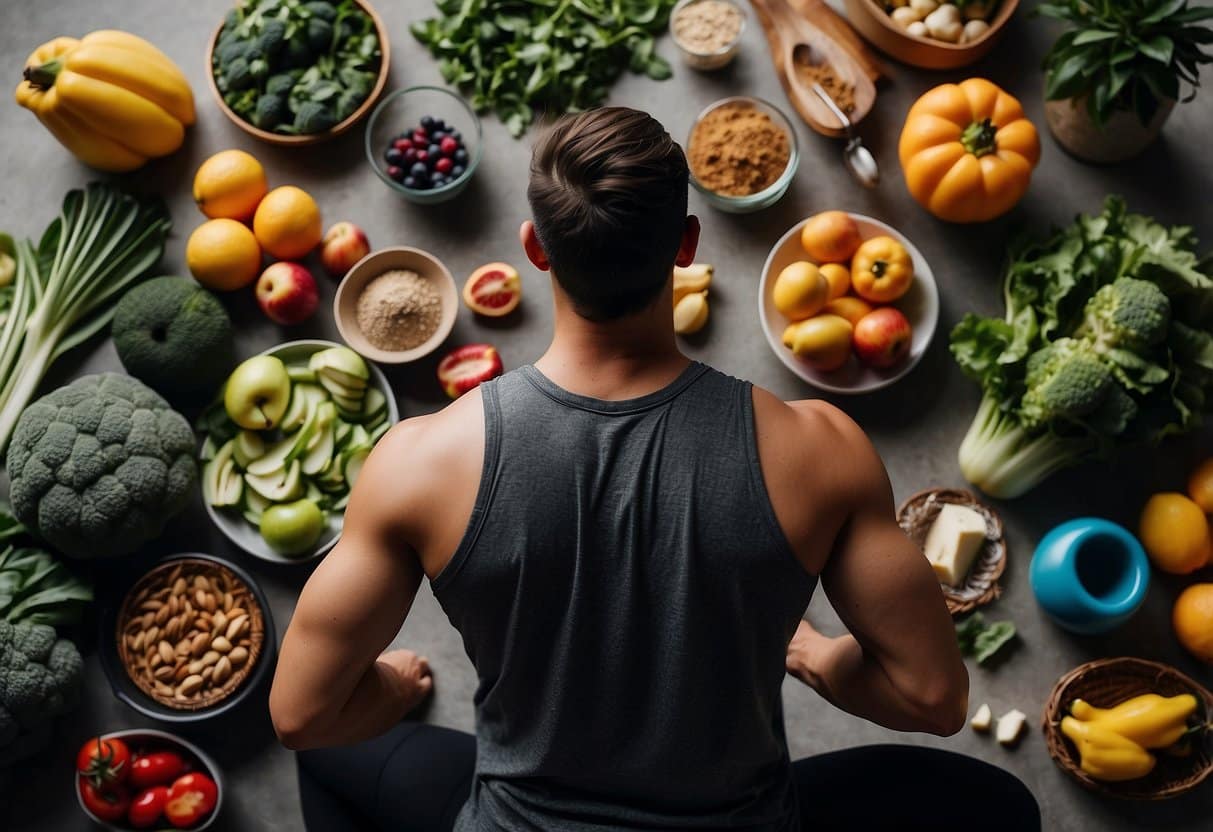 A person is doing Tabata workouts, surrounded by healthy food and recovery tools
