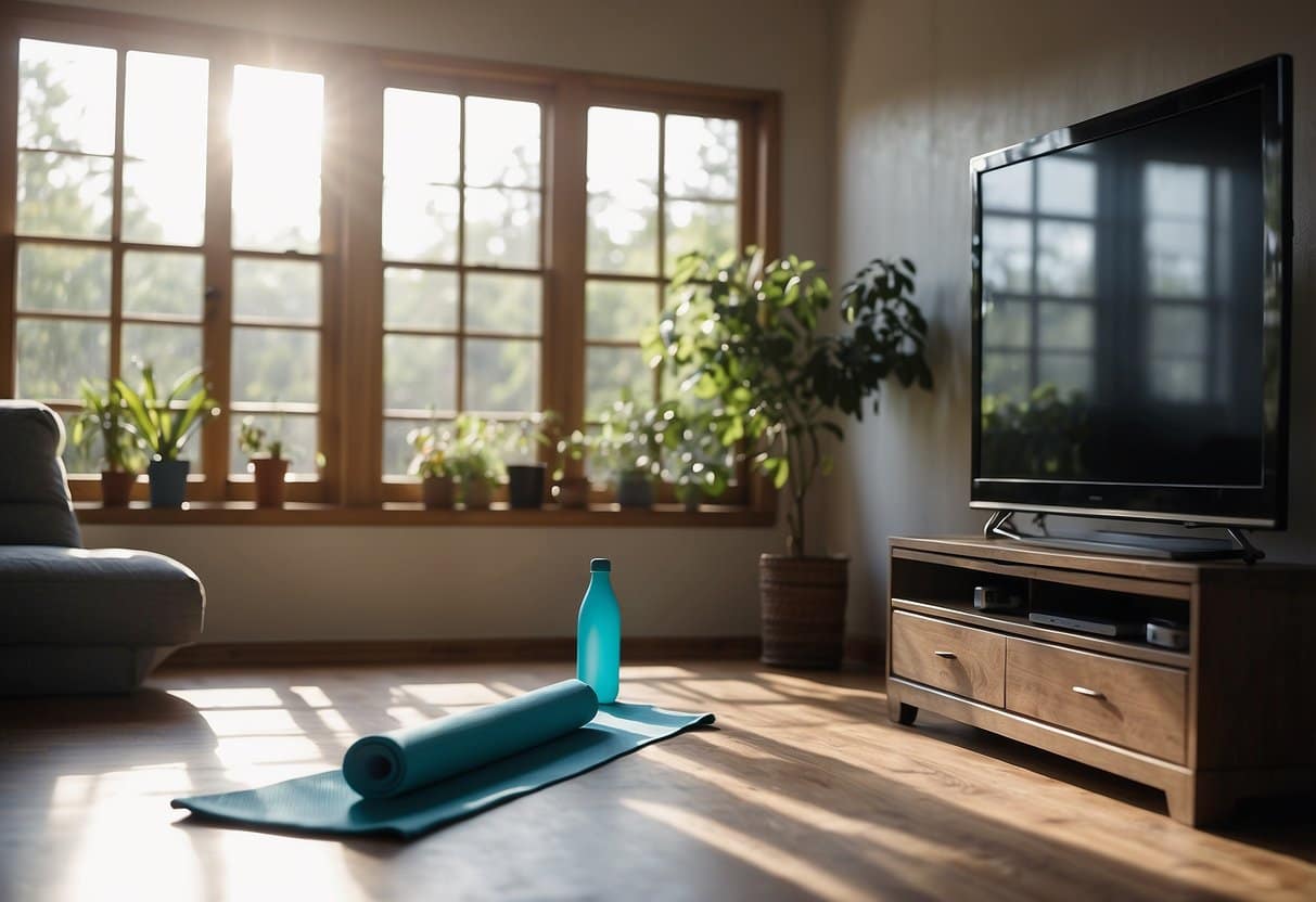 A living room with a yoga mat, water bottle, and timer set up. The TV displays a Tabata workout video. Sunlight streams in through the window