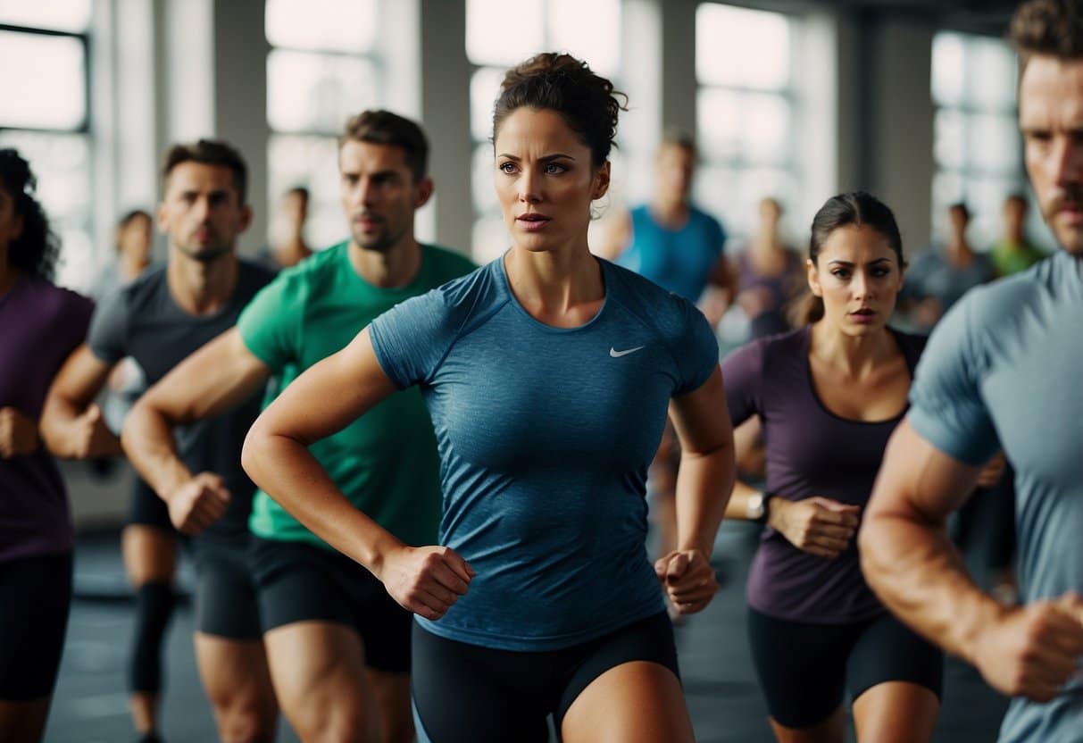 A group of people engaging in high-intensity interval training exercises, with a clock or timer displaying short intervals of intense exercise followed by brief rest periods