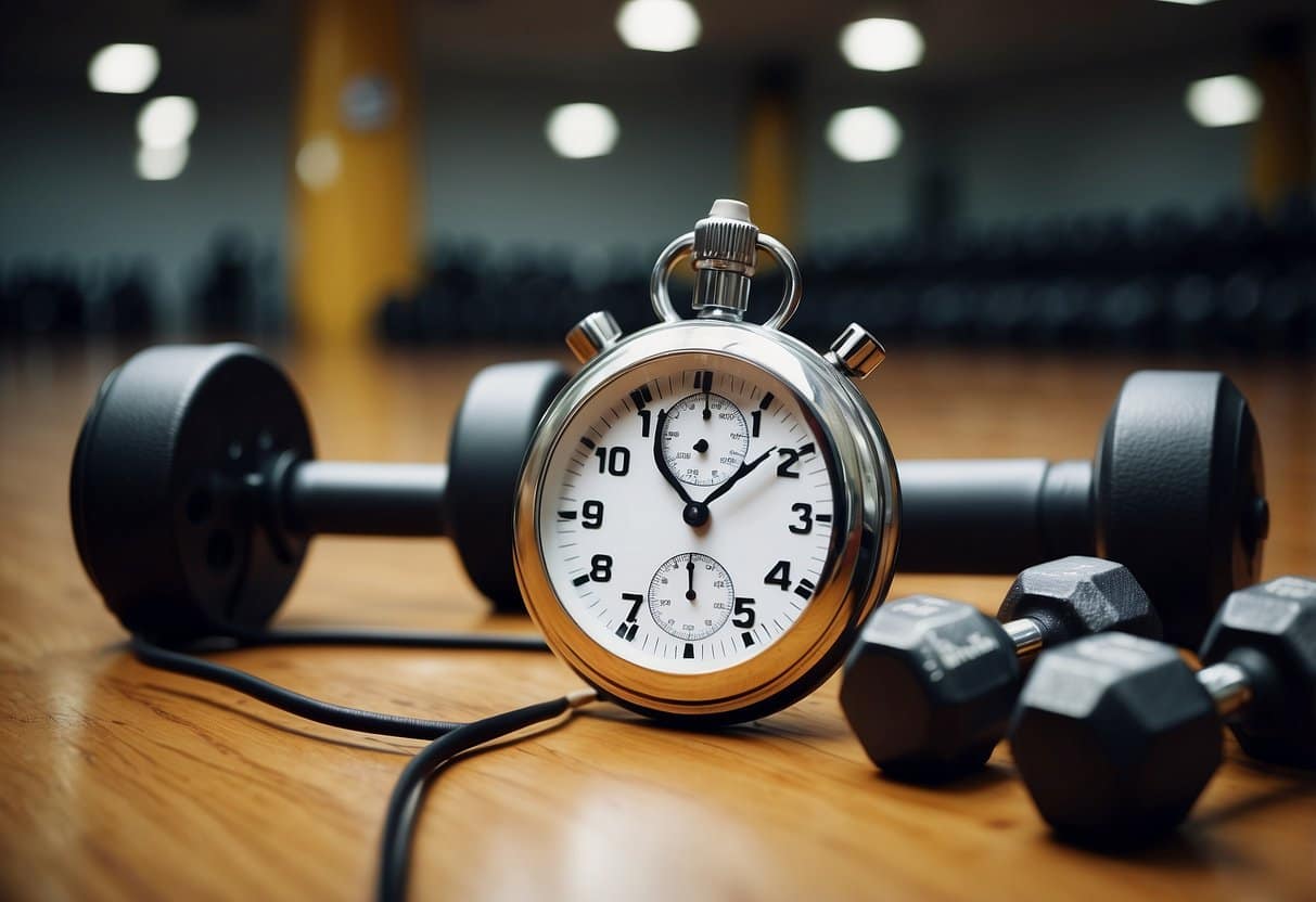 A stopwatch sits on a gym floor surrounded by various workout equipment, including dumbbells, kettlebells, and a jump rope