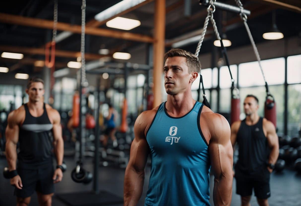 Participants performing various exercises in a gym, with a clock visible, counting down time. Equipment such as kettlebells, barbells, and pull-up bars are being used