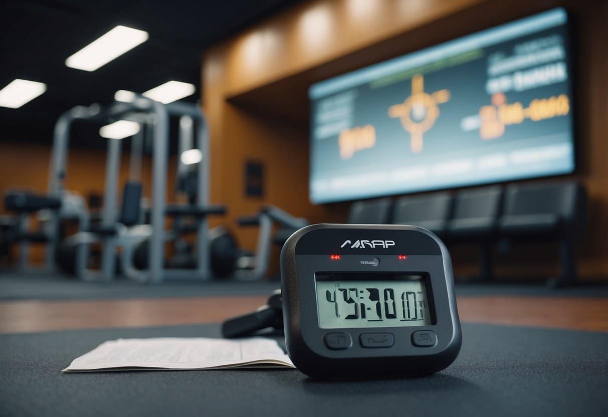 A timer is set on a gym floor, with exercise equipment scattered around. A whiteboard displays the AMRAP workout details