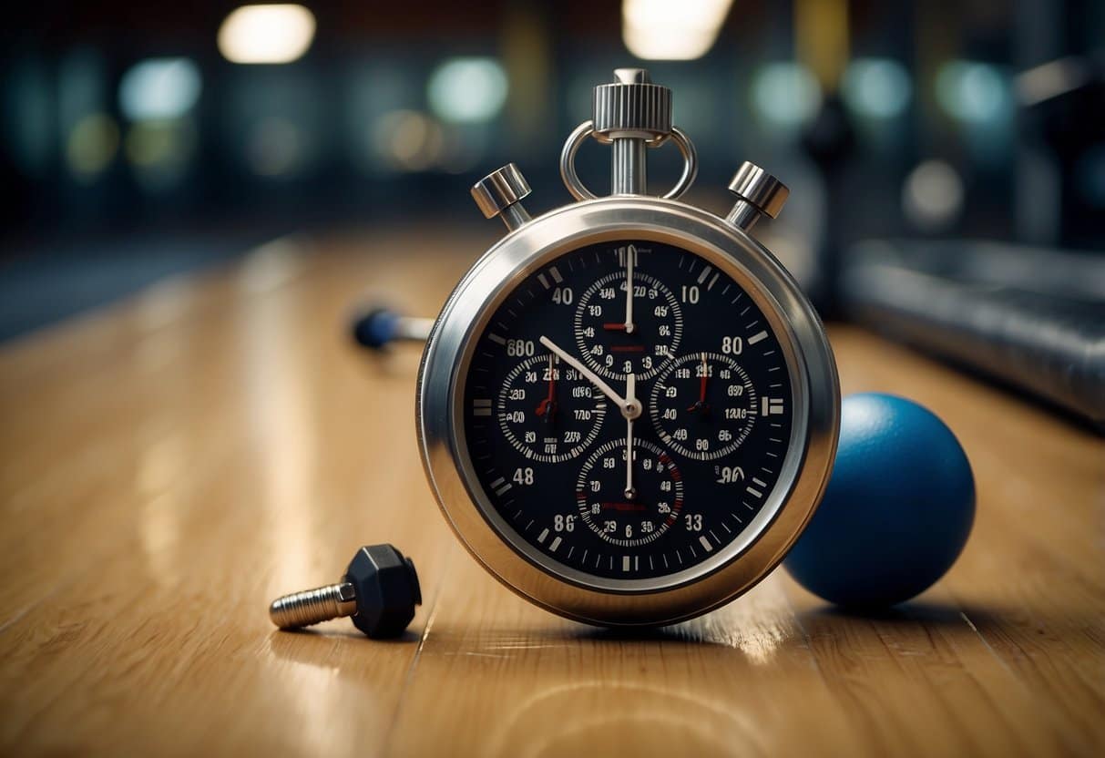 A stopwatch ticking as workout stations are completed in a gym setting. Timer, weights, and equipment are visible