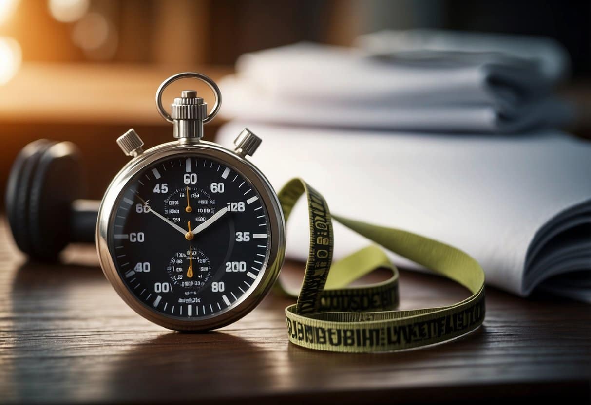 A stopwatch sits next to a list of workout instructions, with a person's workout gear in the background