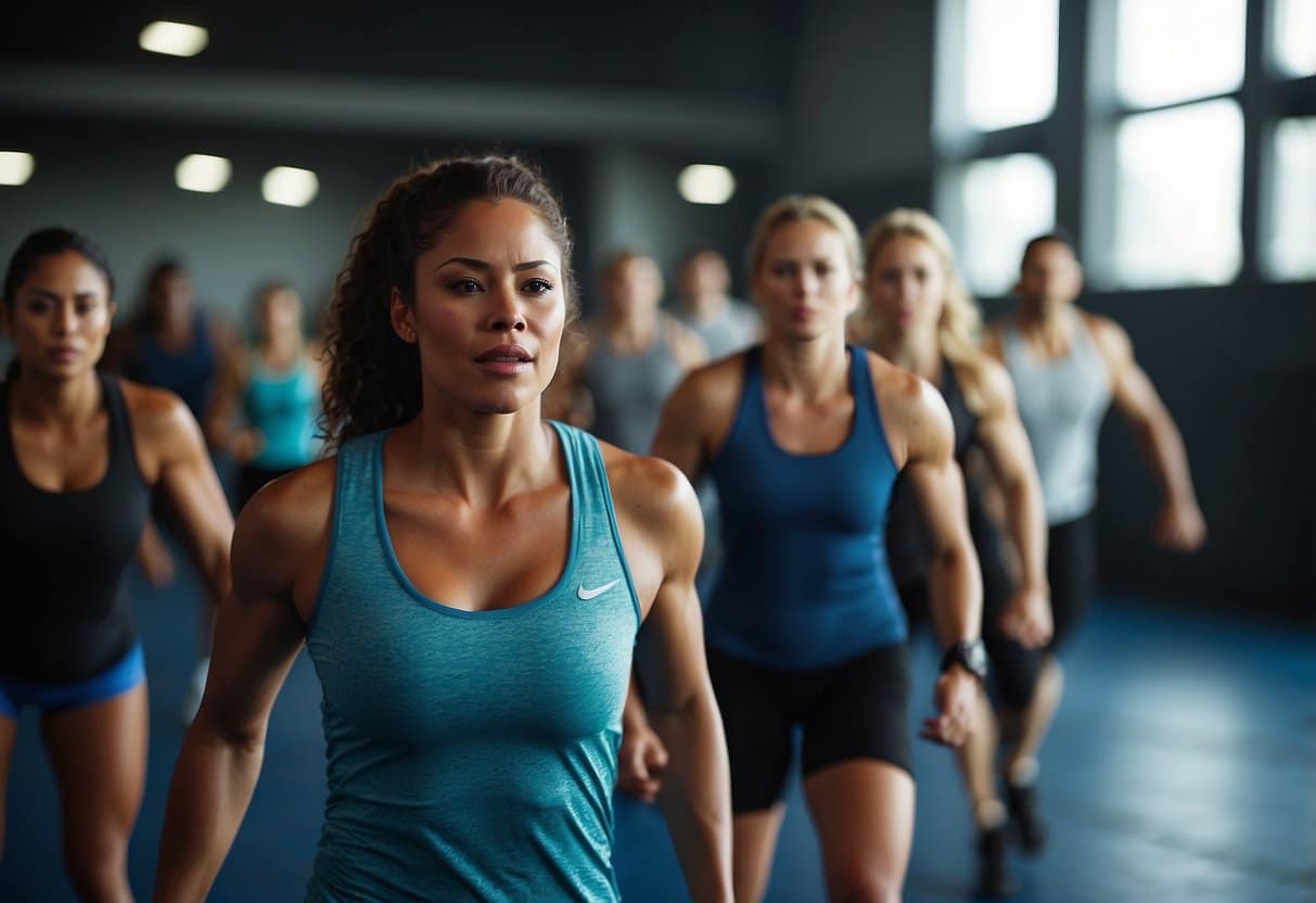 A group of people performing high-intensity interval training exercises in a gym, with intense movements and sweat