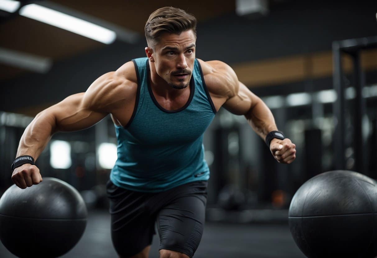 A person is performing a high-intensity interval training workout, alternating between intense bursts of exercise and short rest periods. The scene is filled with energy and determination, capturing the dynamic nature of HIIT workouts