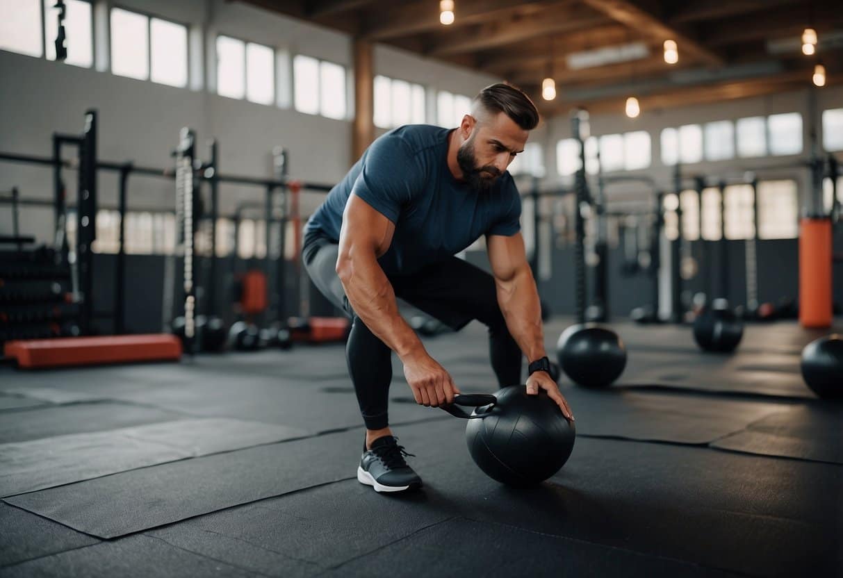A person setting up a HIIT workout area with clear safety precautions and equipment
