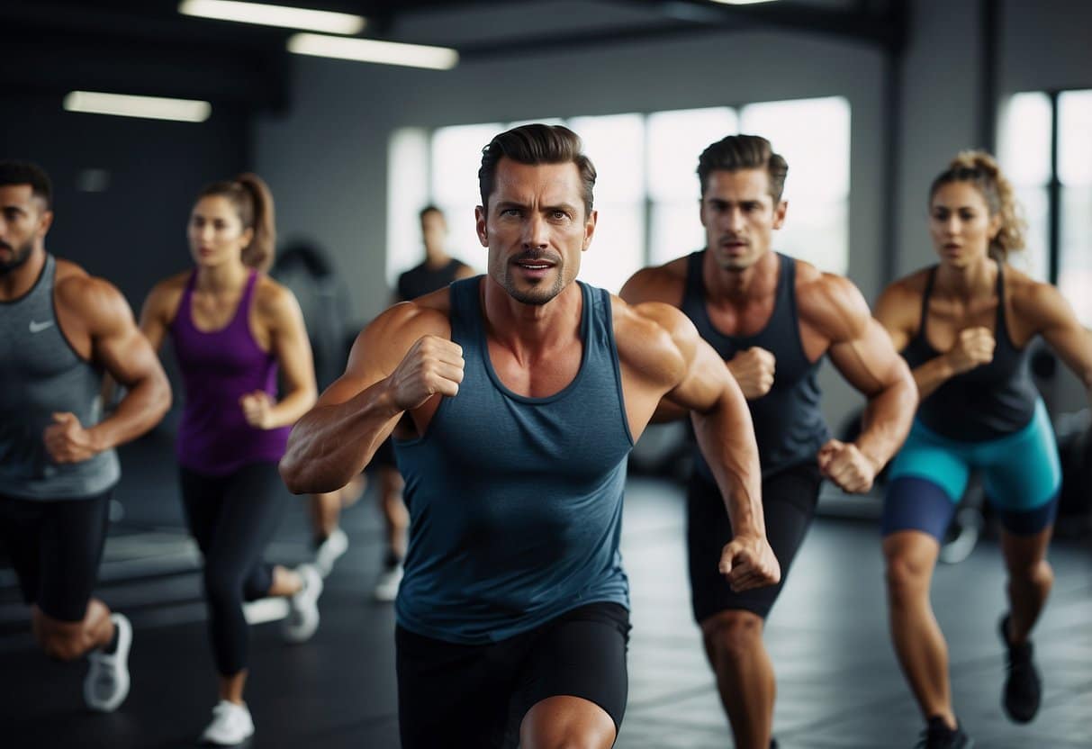 A group of people performing high-intensity interval training exercises in a gym setting, with energetic movements and sweat-inducing activities