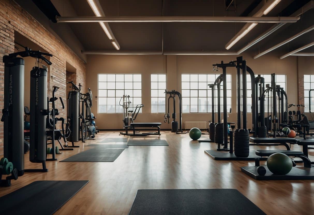 A circuit training setup with various exercise stations, including weights, resistance bands, and cardio equipment, laid out in a spacious and well-lit gym
