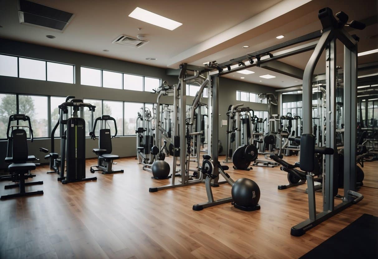 A circuit training setup with various exercise stations, including weights, mats, and cardio equipment, in a spacious, well-lit gym