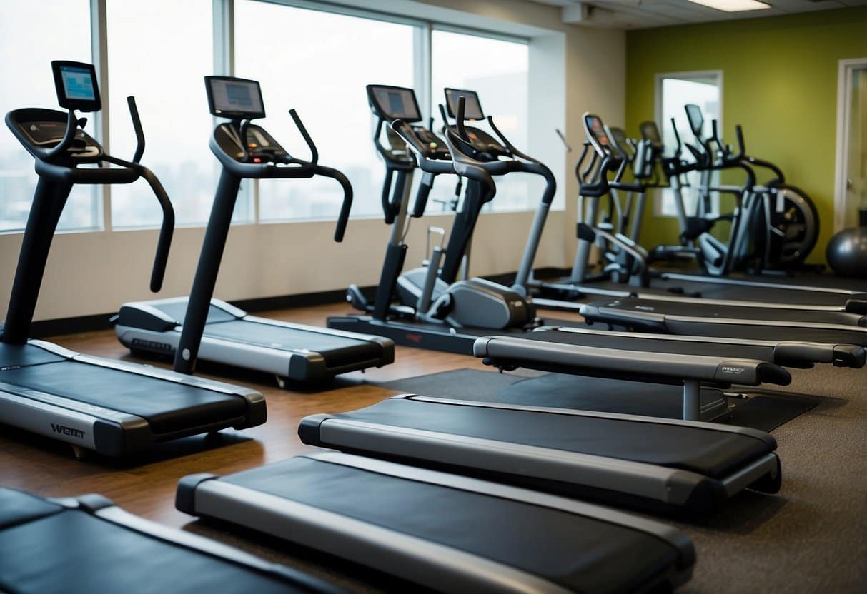 A circuit training class with various cardio stations, including treadmills, rowing machines, and stationary bikes. Participants move between stations in a high-energy, fast-paced environment