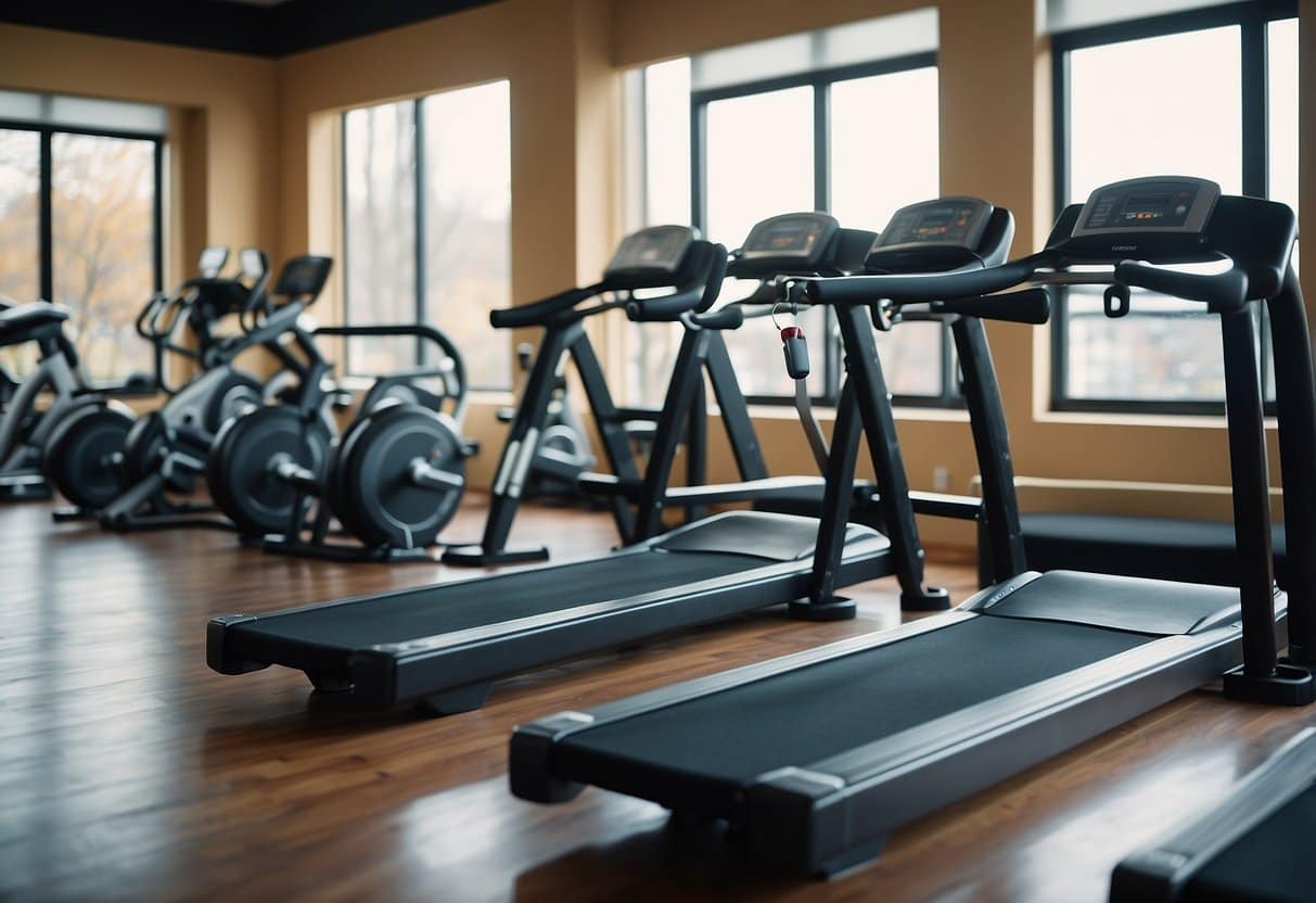 Various exercise stations arranged in a circuit with equipment like dumbbells, resistance bands, and agility hurdles. Bright, energetic atmosphere