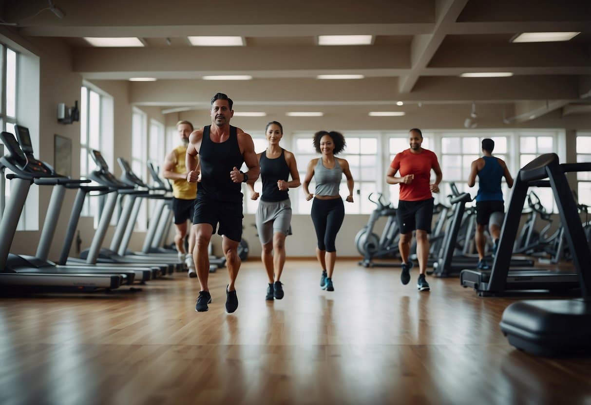 A group of people move through various exercise stations in a gym, with trainers guiding them through each activity. The room is filled with energy and determination as participants push themselves to complete the circuit