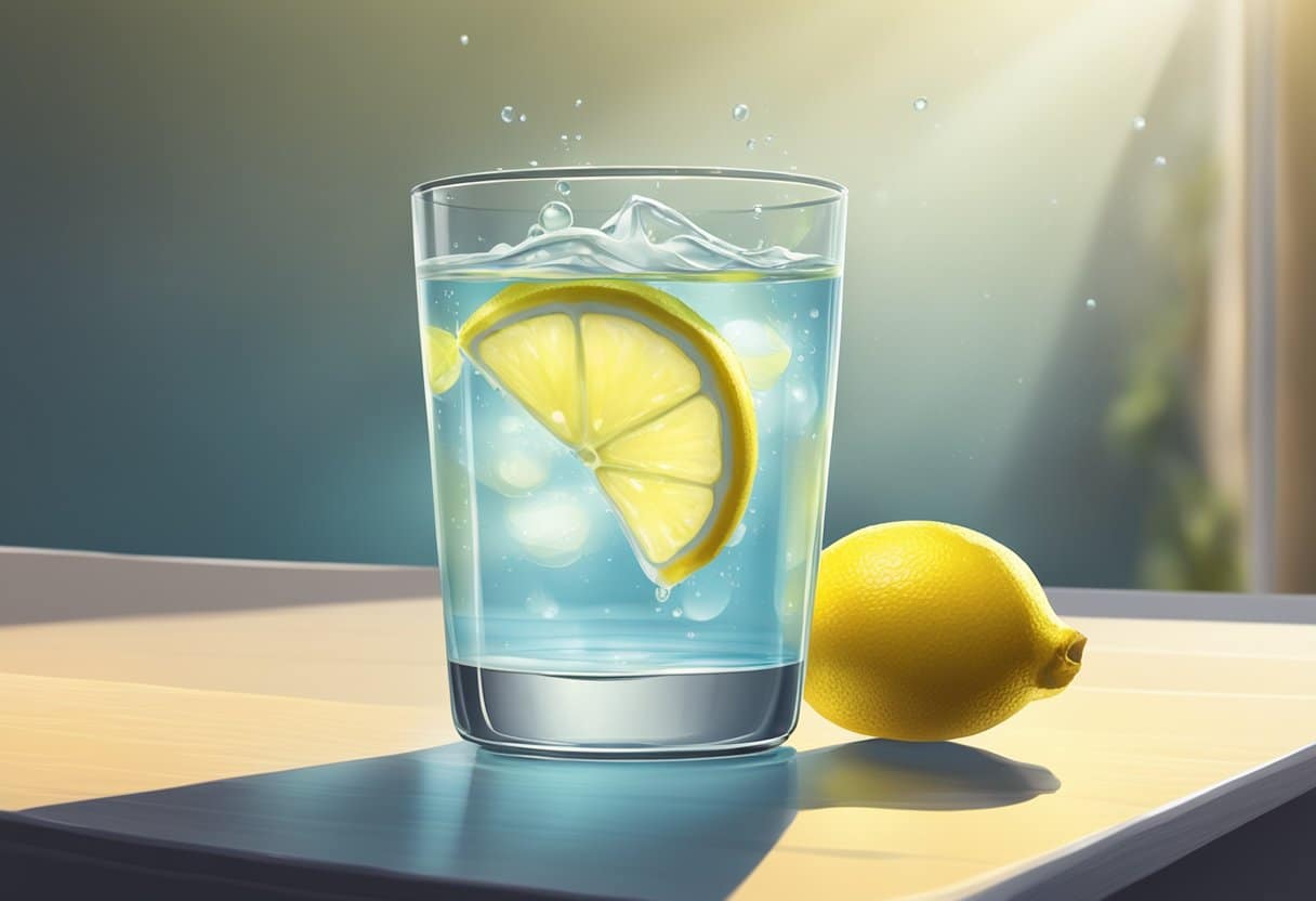 A glass of lemon water sits on a table, condensation forming on the outside. A lemon slice floats inside, infusing the water with a refreshing citrus scent