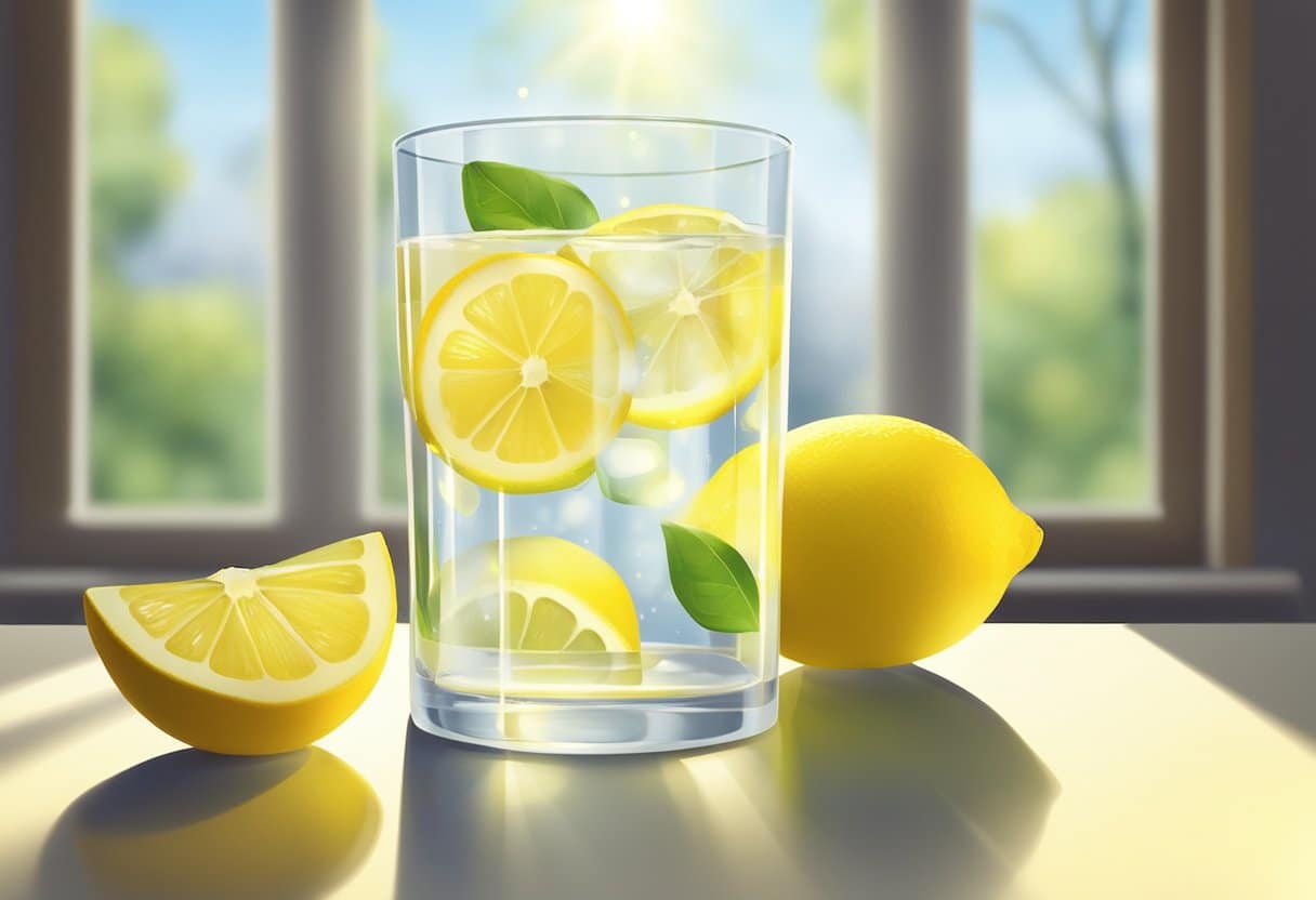 A glass of lemon water sits on a table, surrounded by fresh lemons. The sunlight filters through the window, casting a warm glow on the refreshing drink