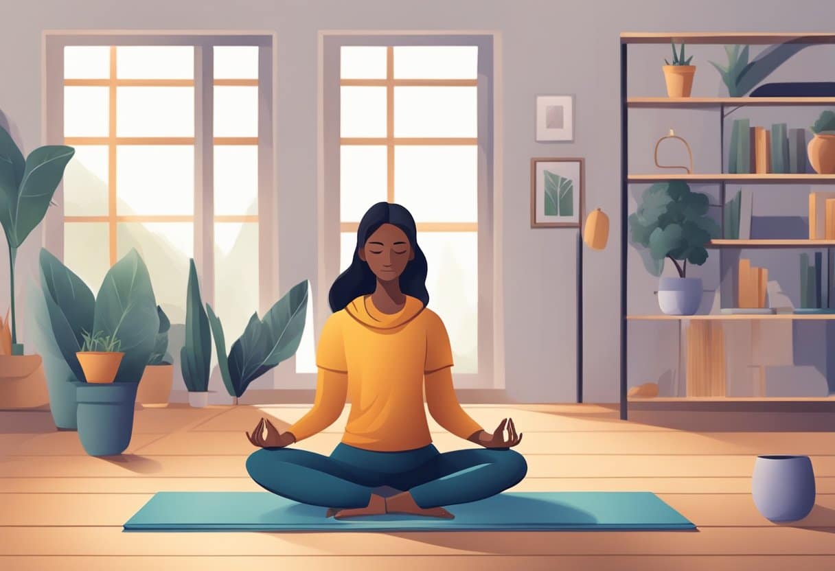 a woman sitting on a yoga mat in a room with plants