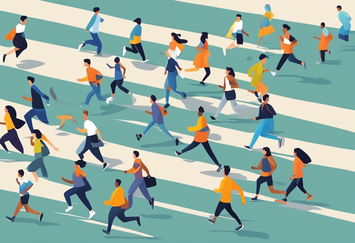 a group of people running on a crosswalk
