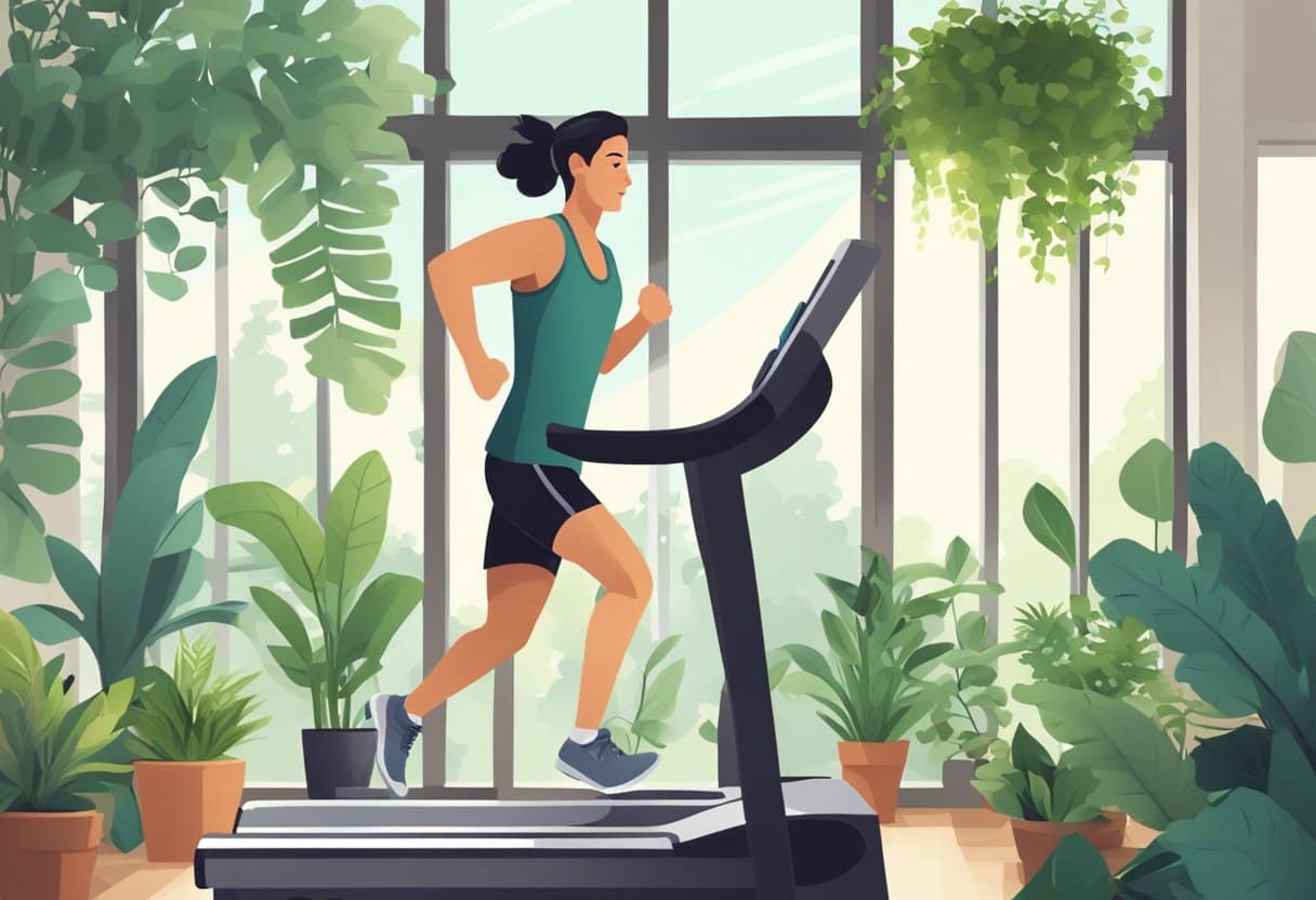 a woman running on a treadmill