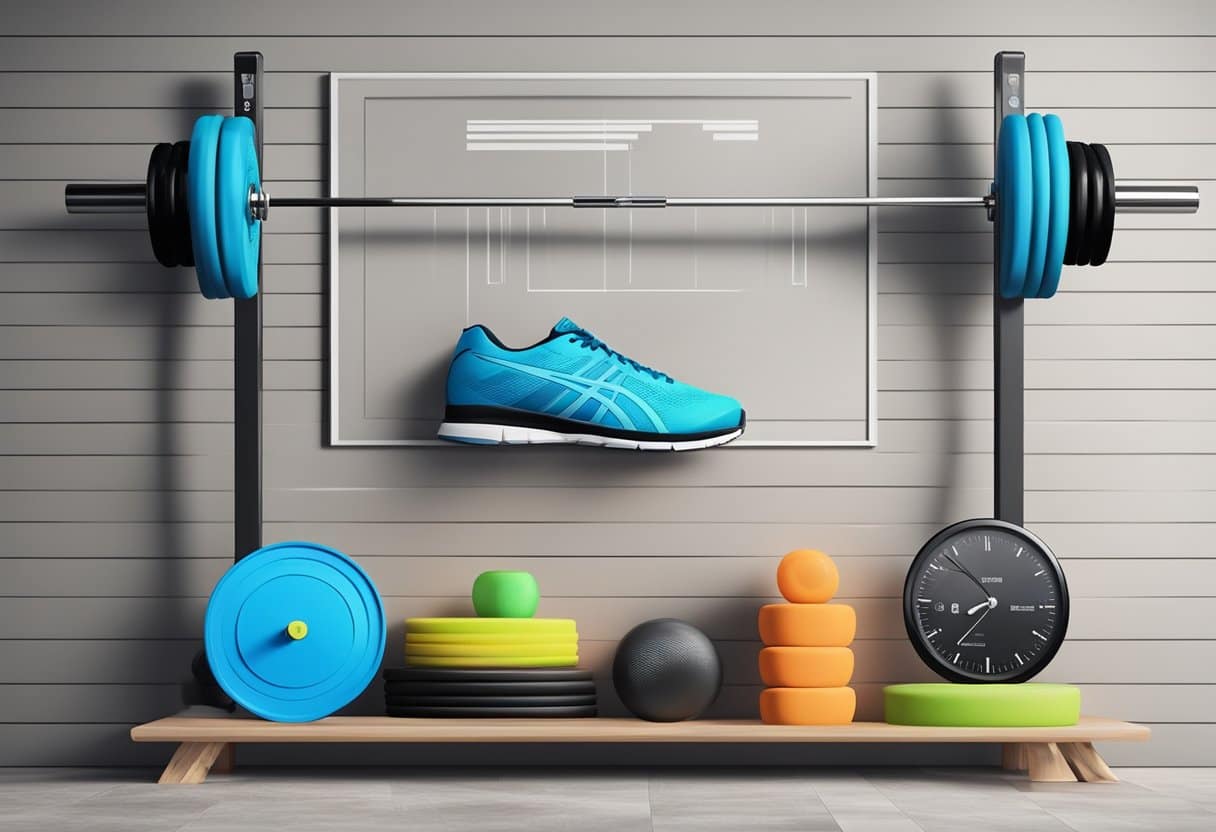 a barbells and weights on a shelf