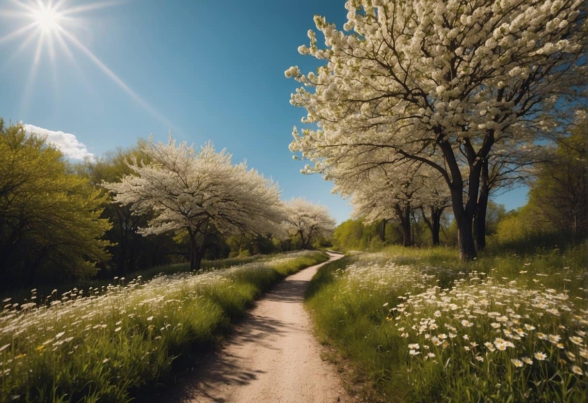 A bright, sunny day with blooming flowers and green trees. A running trail winds through the vibrant landscape, with a clear blue sky overhead