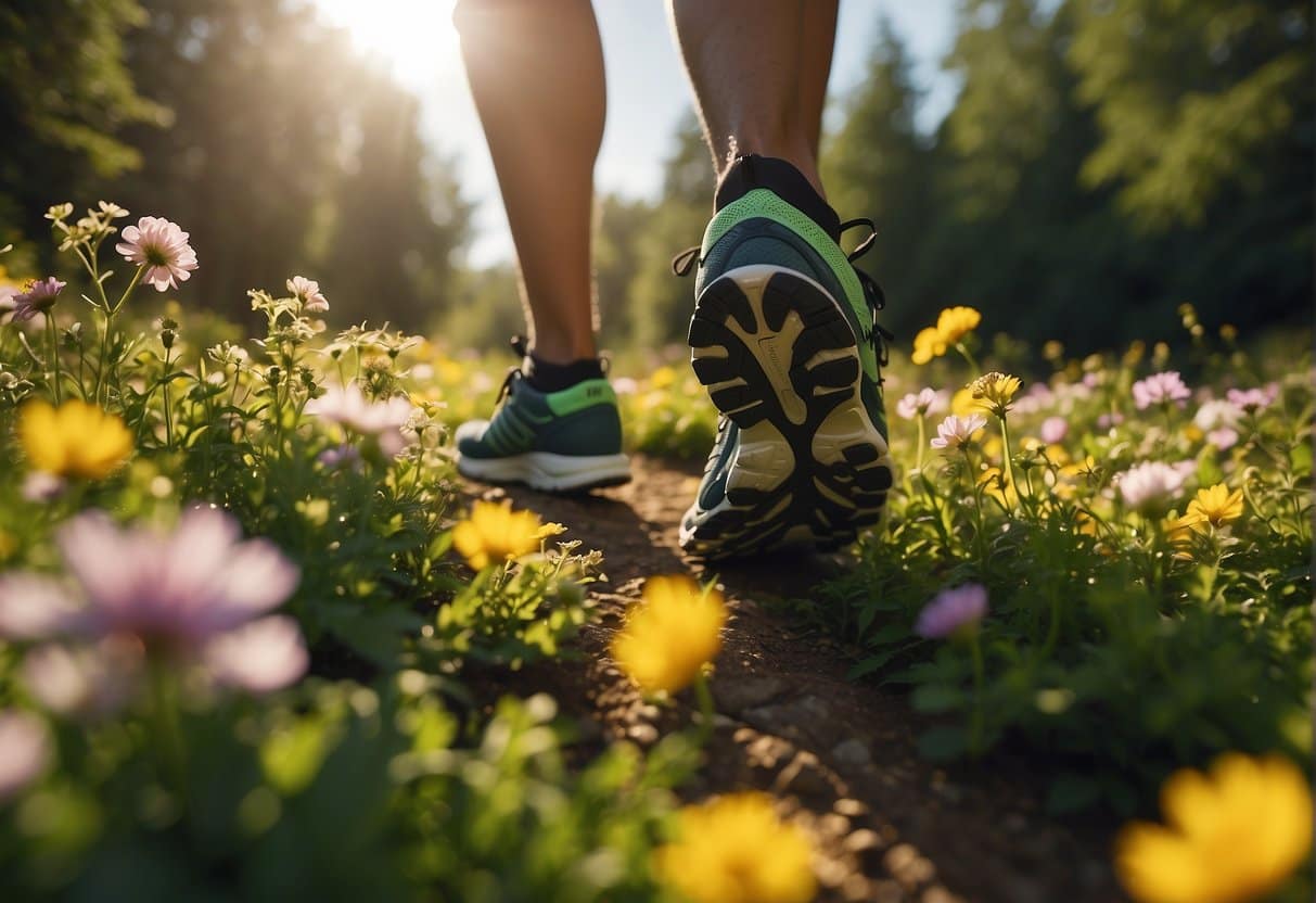 a person's feet walking on a trail with flowers