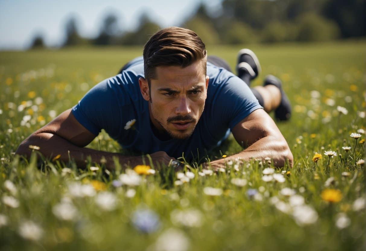 A runner stretching on a grassy field, with a clear blue sky and blooming flowers in the background