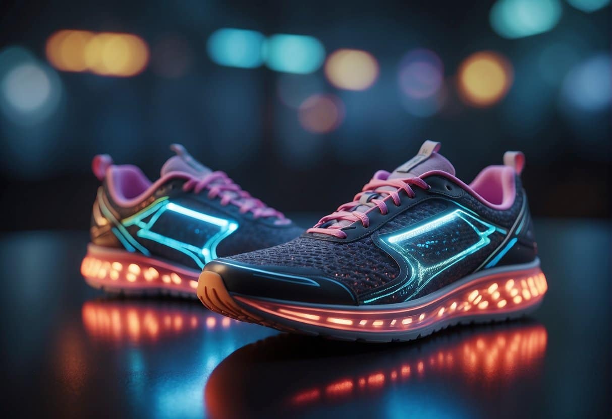 A futuristic running shoe glows with embedded technology, while a holographic display showcases the latest running tips for Spring 2024