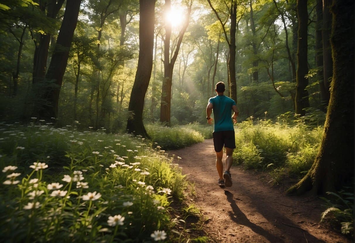 A runner traverses a lush forest trail, sunlight filtering through the canopy. Trees and wildflowers line the path, while birds and small animals can be seen and heard throughout the scene
