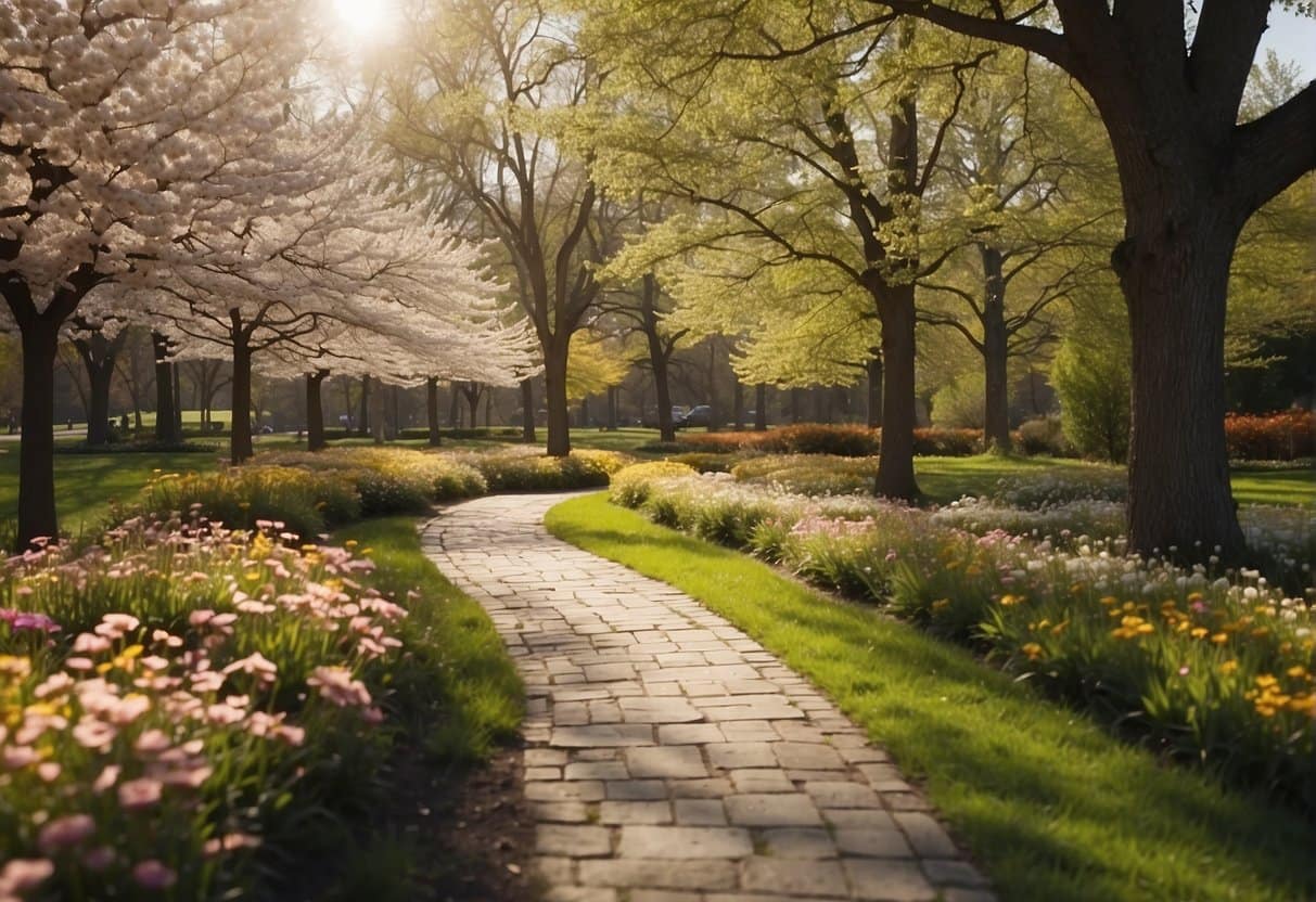 A sunny park with blooming flowers, a winding path, and runners in colorful gear. The sky is clear, and the air is fresh, creating a perfect setting for springtime running