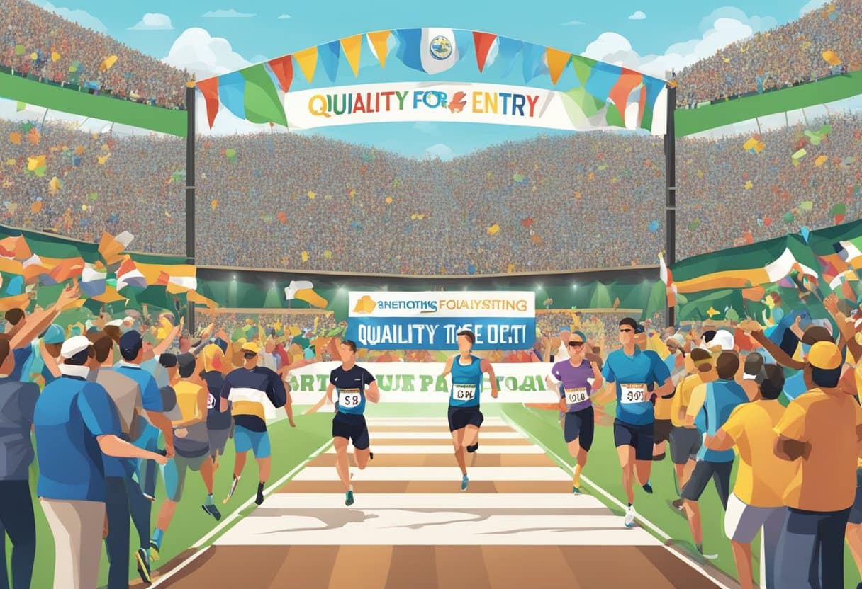 Runners crossing a finish line with a large "Qualify for Entry" banner overhead, surrounded by cheering spectators and officials
