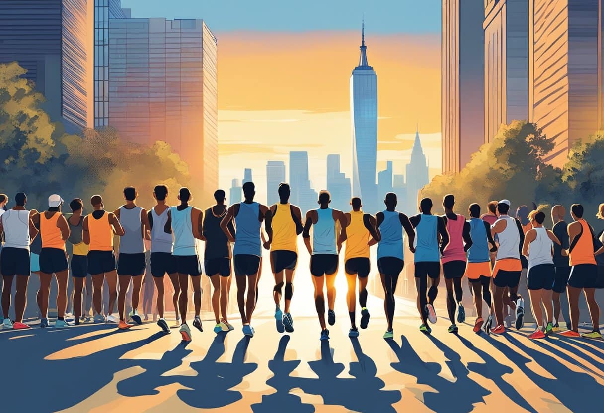 Runners line up at the starting point, eager and determined. The sun rises over the city skyline as they prepare to qualify for the New York Marathon